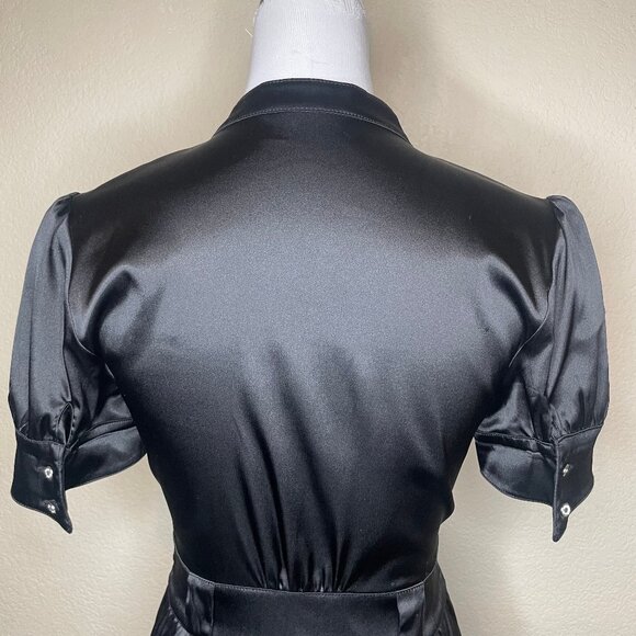 Guess Vintage Black Satin Empire Waist Mini Dress Puffed Sleeves Keyhole Neck 5 - Picture 5 of 13